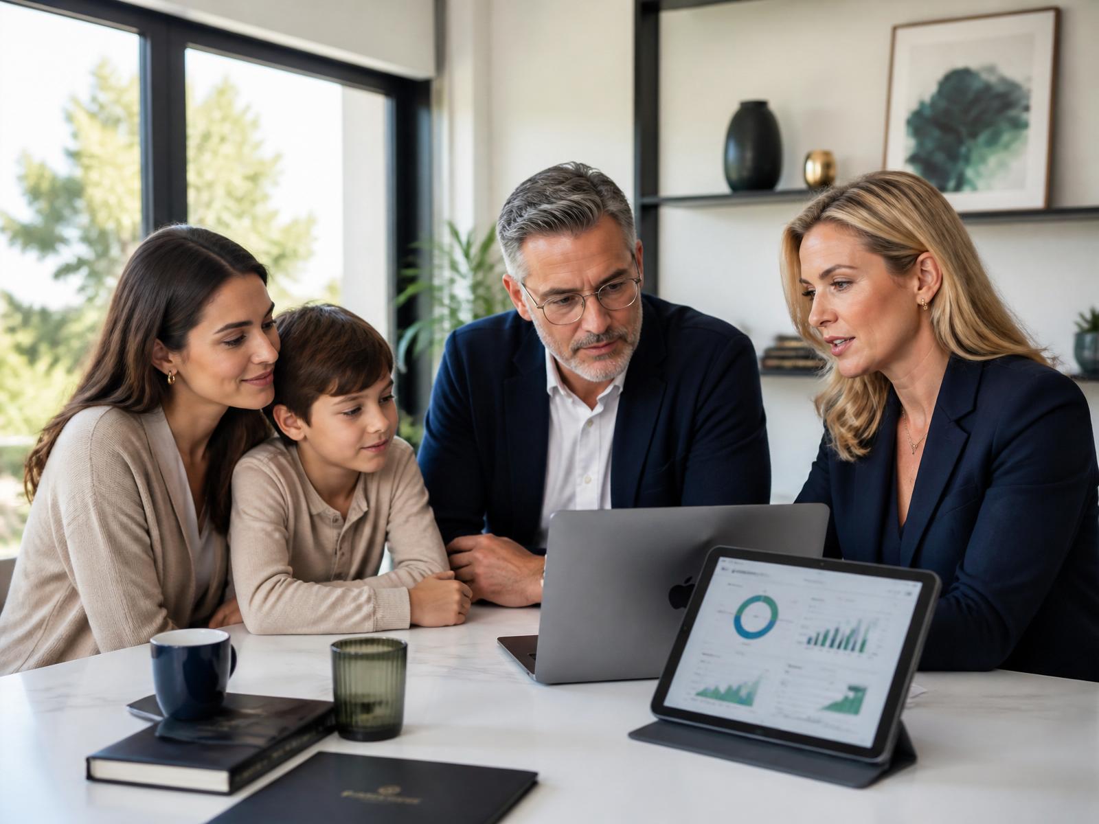 Famille et conseillère examinant leur plan financier sur une tablette